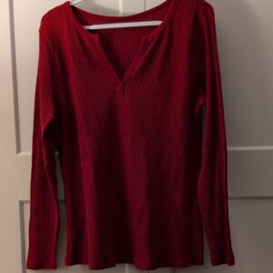 Women's Red V-Neck Waffle Top